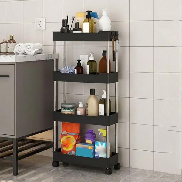 Narrow Type Multi Purpose Gap Storage Trolly Rack Multifunctional Movable Gap Storage Cart ( black)