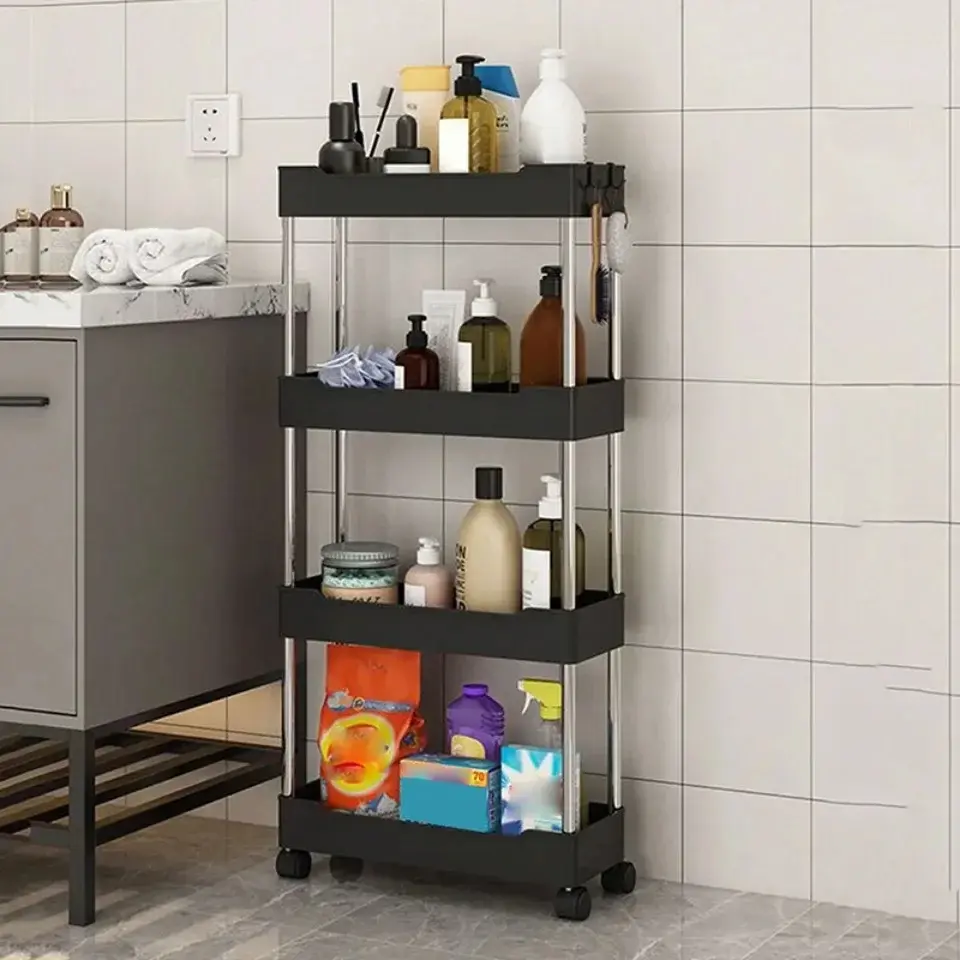 Narrow Type Multi Purpose Gap Storage Trolly Rack Multifunctional Movable Gap Storage Cart ( black)